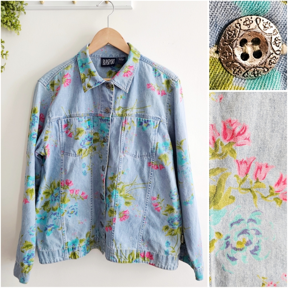 90's Cotton Colorful Floral Blossom Cottagecore Boho Denim Blassport Jacket Sz L